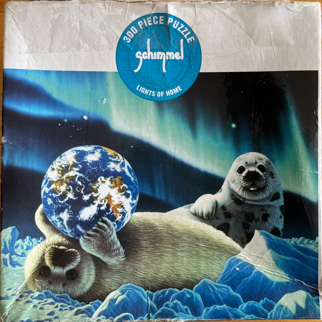 Two seal pups resting on an icy landscape beneath a vibrant green aurora borealis while holding a globe.