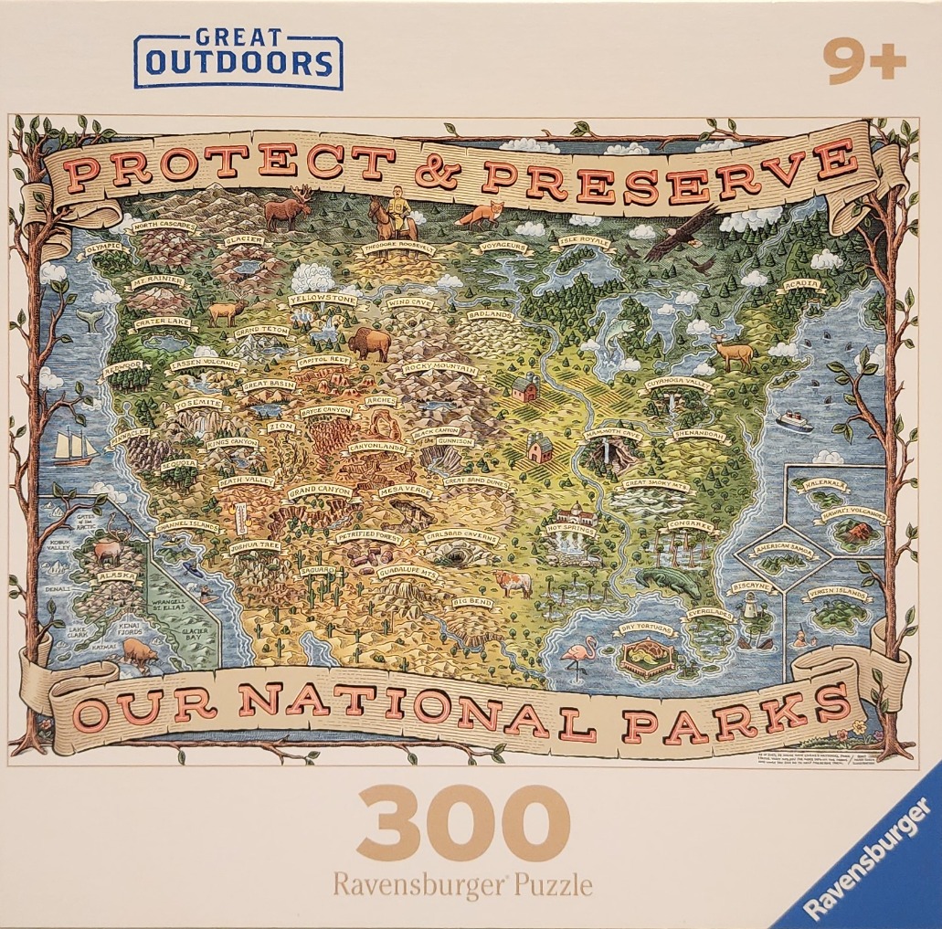 An illustrated map of the United States national parks surrounded by a decorative tree frame.