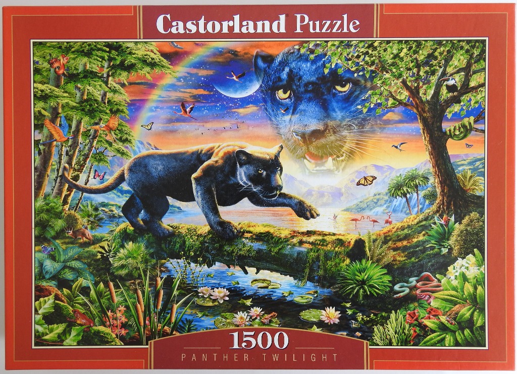 A black panther prowls over a jungle stream beneath a sunset sky with a ghostly panther face in the clouds.