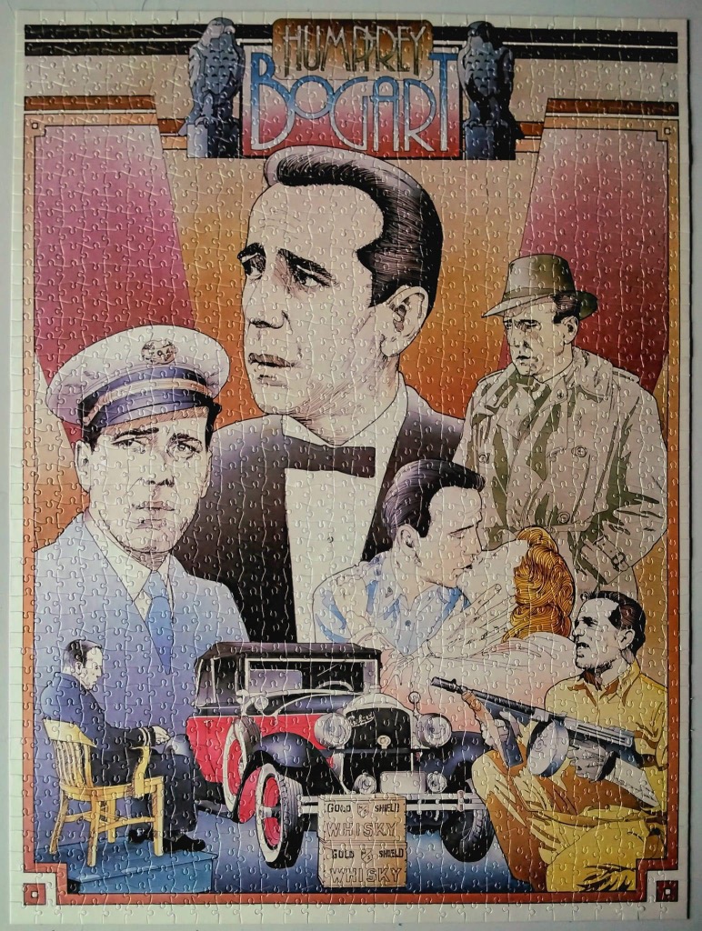 A montage of Humphrey Bogart in various film roles with a vintage car and text.
