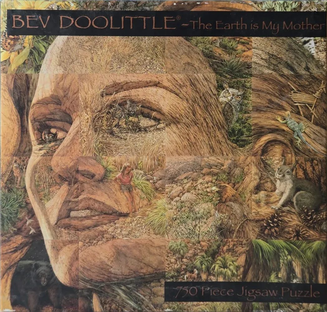 A montage painting forming a large human face out of various natural scenes, wildlife, and landscapes.