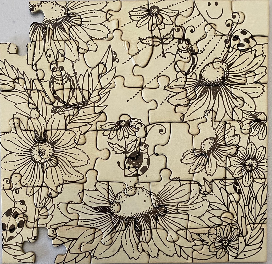 Line art illustration of daisies and ladybugs on a cream background