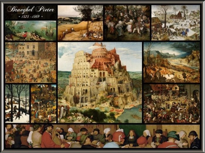 A collection of Pieter Bruegel the Elder's paintings in a montage layout.