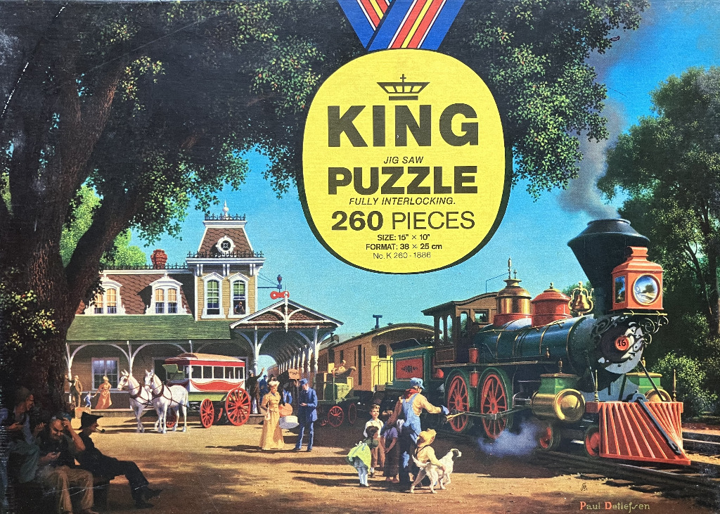 A nostalgic painting of a 19th-century steam locomotive waiting at a rural train station with people and a horse-drawn carria
