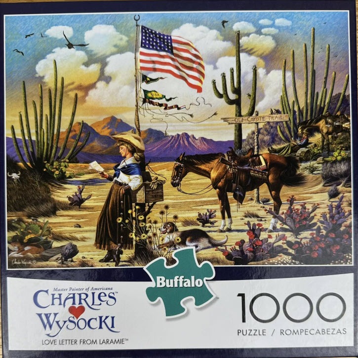 A woman in a western outfit stands by a mailbox reading a letter in a desert landscape with saguaro cacti and a horse.