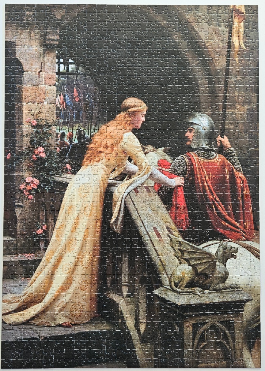 A medieval scene showing a noblewoman leaning over a balcony to speak with a knight in armor.