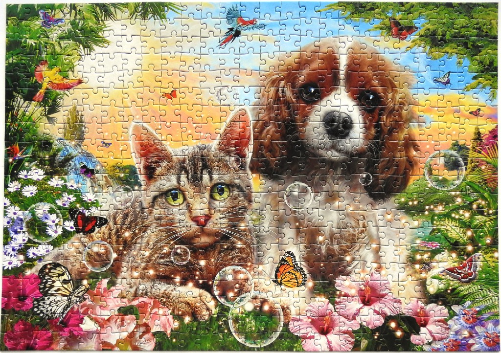 A tabby cat and a Cavalier King Charles Spaniel sitting among tropical flowers, butterflies, and floating bubbles.