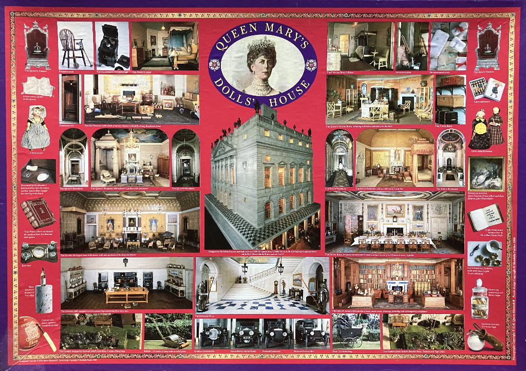 Collage of photographs showcasing Queen Mary's Dolls' House, featuring various miniature rooms, furniture, and the exterior.