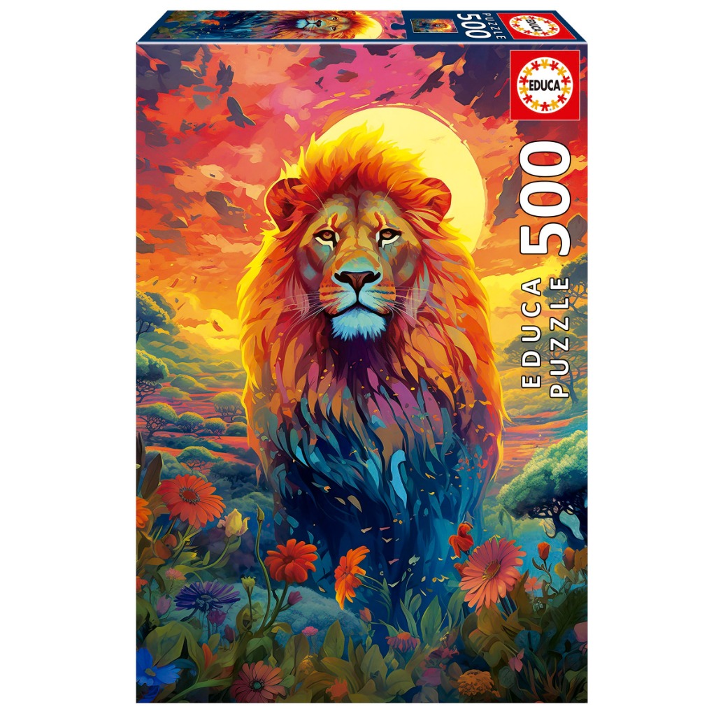 A vibrant, stylized illustration of a lion standing amidst flowers during a colorful sunset.