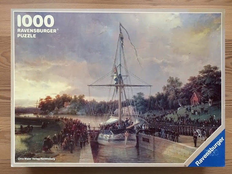An oil painting of a sailing ship docked in a canal, surrounded by a large crowd of people.