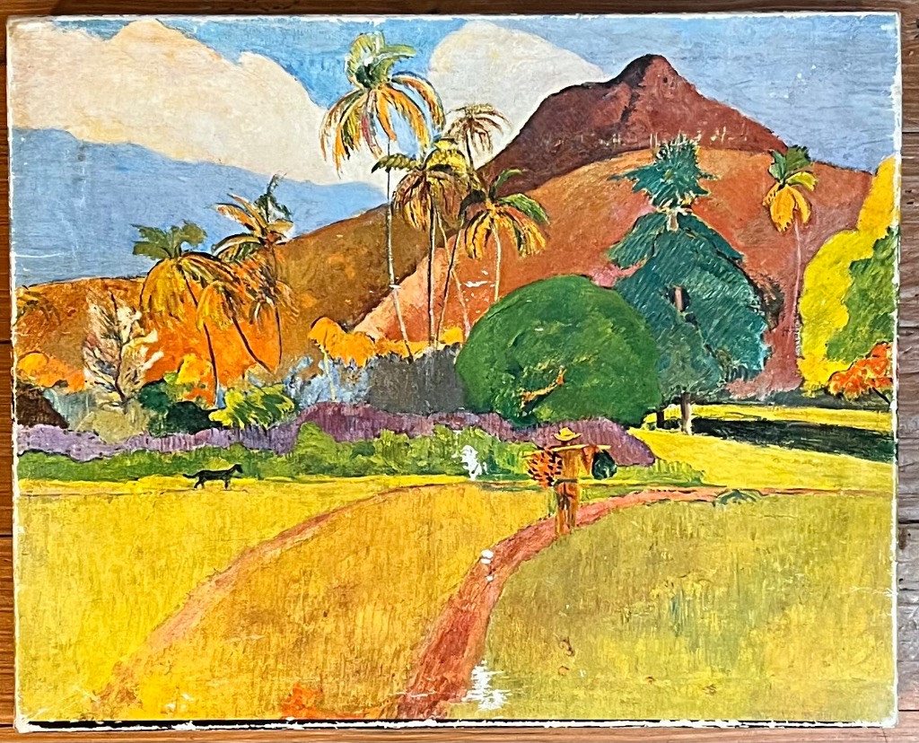Post-impressionist landscape painting featuring a person walking along a path in a yellow field before a large mountain.
