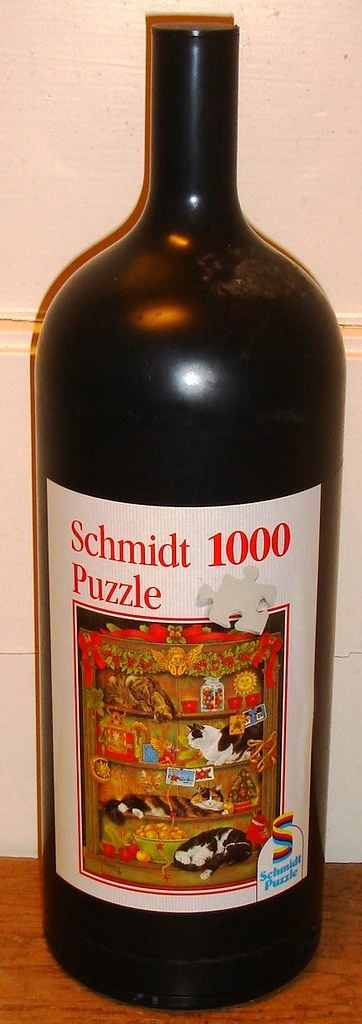 A bottle-shaped container featuring an illustration of shelves decorated for Christmas with cats.