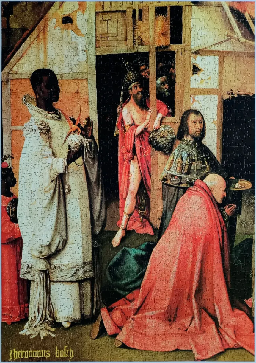 A Renaissance-style painting of the Adoration of the Magi, featuring distinct figures in ornate historical robes.