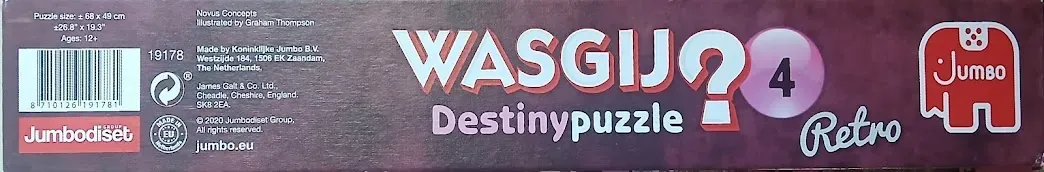 Logo and text for a Wasgij? 4 Destiny puzzle on a dark burgundy background.