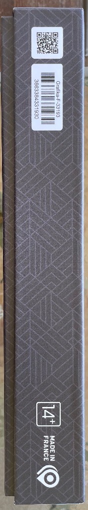 Dark gray box with a geometric pattern, QR code, and "Made in France" text.
