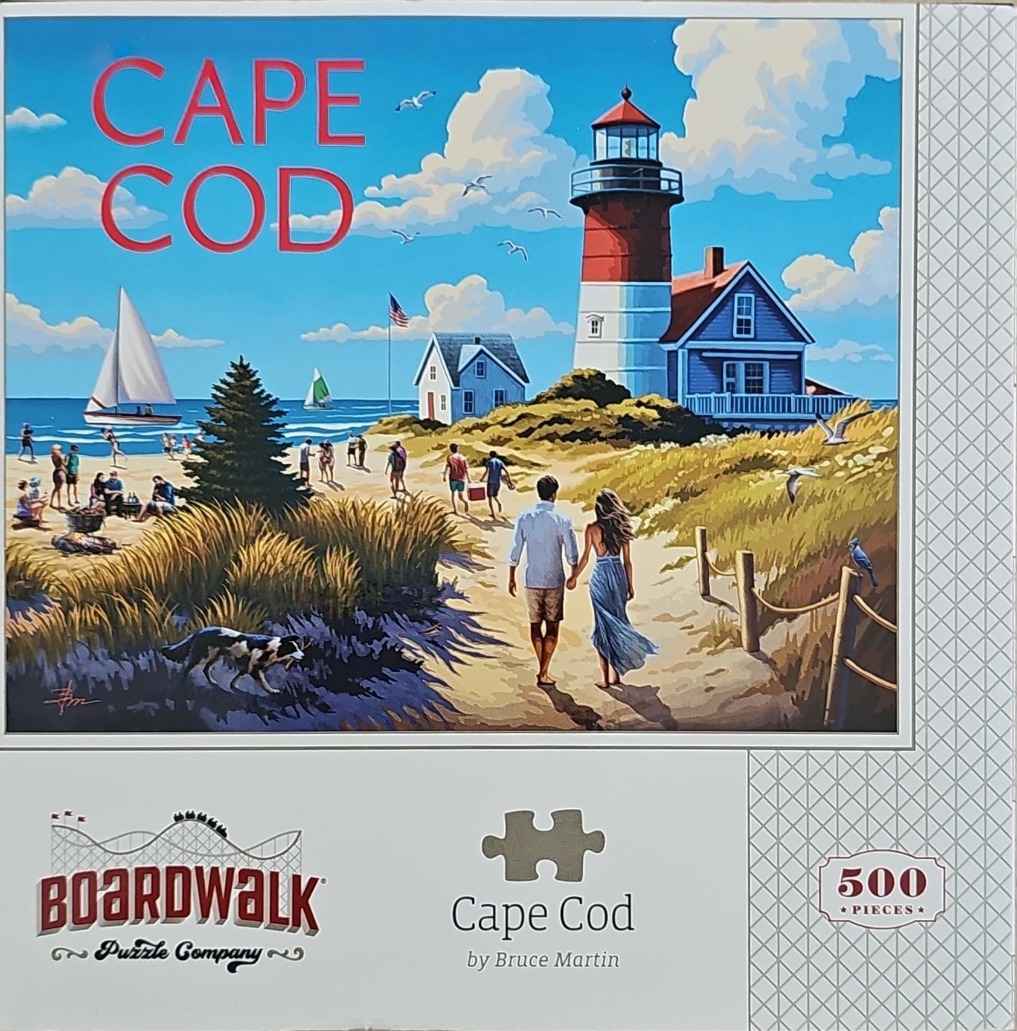 A painting of a Cape Cod beach scene with a lighthouse, sailboats, and a couple walking along a sandy path.