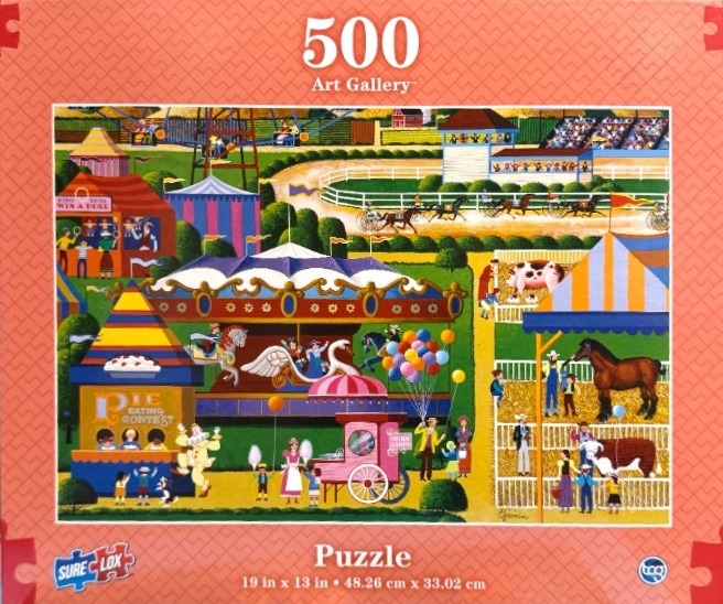 A folk art style illustration of a lively county fair scene with a carousel, animal barns, and carnival games.