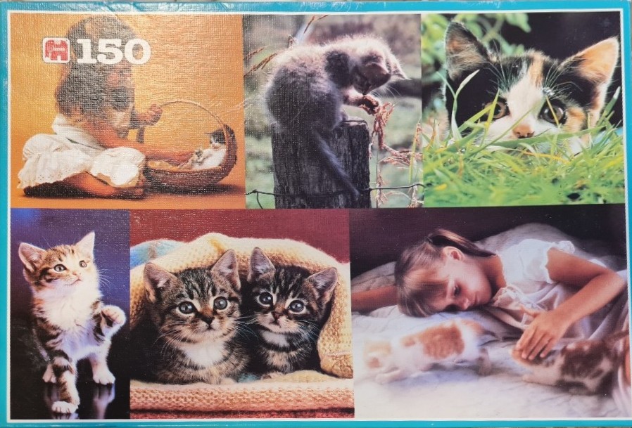A collage of six different photographs featuring kittens and young children.