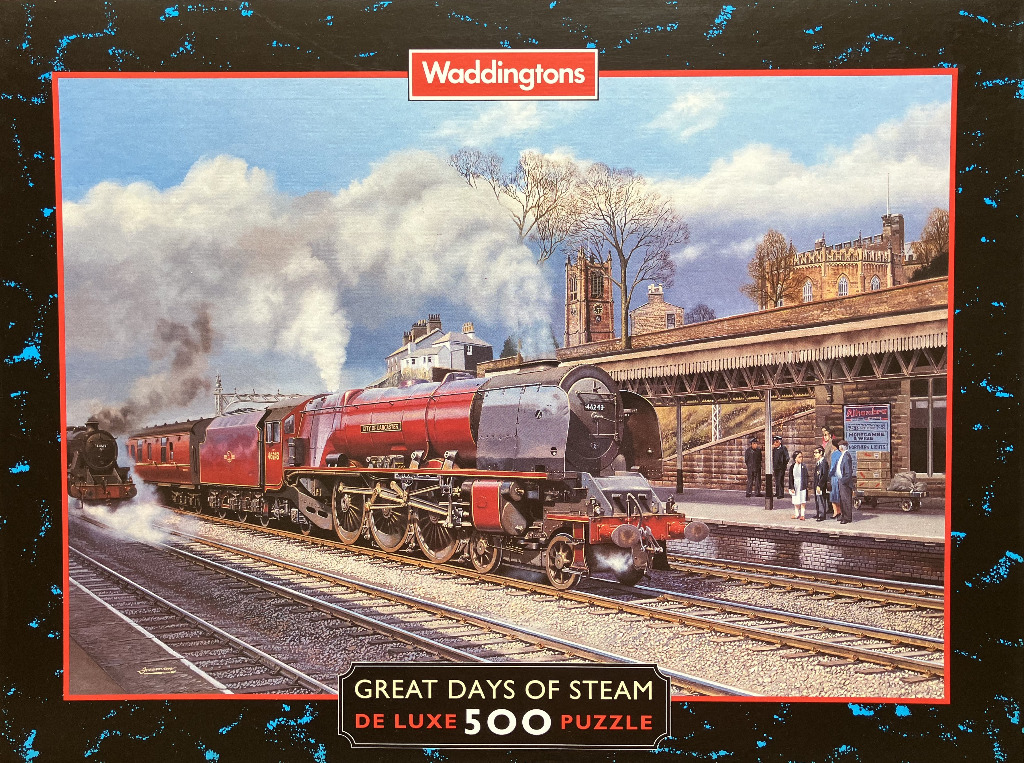 Painting of a red steam locomotive pulling into a station platform on a sunny day.