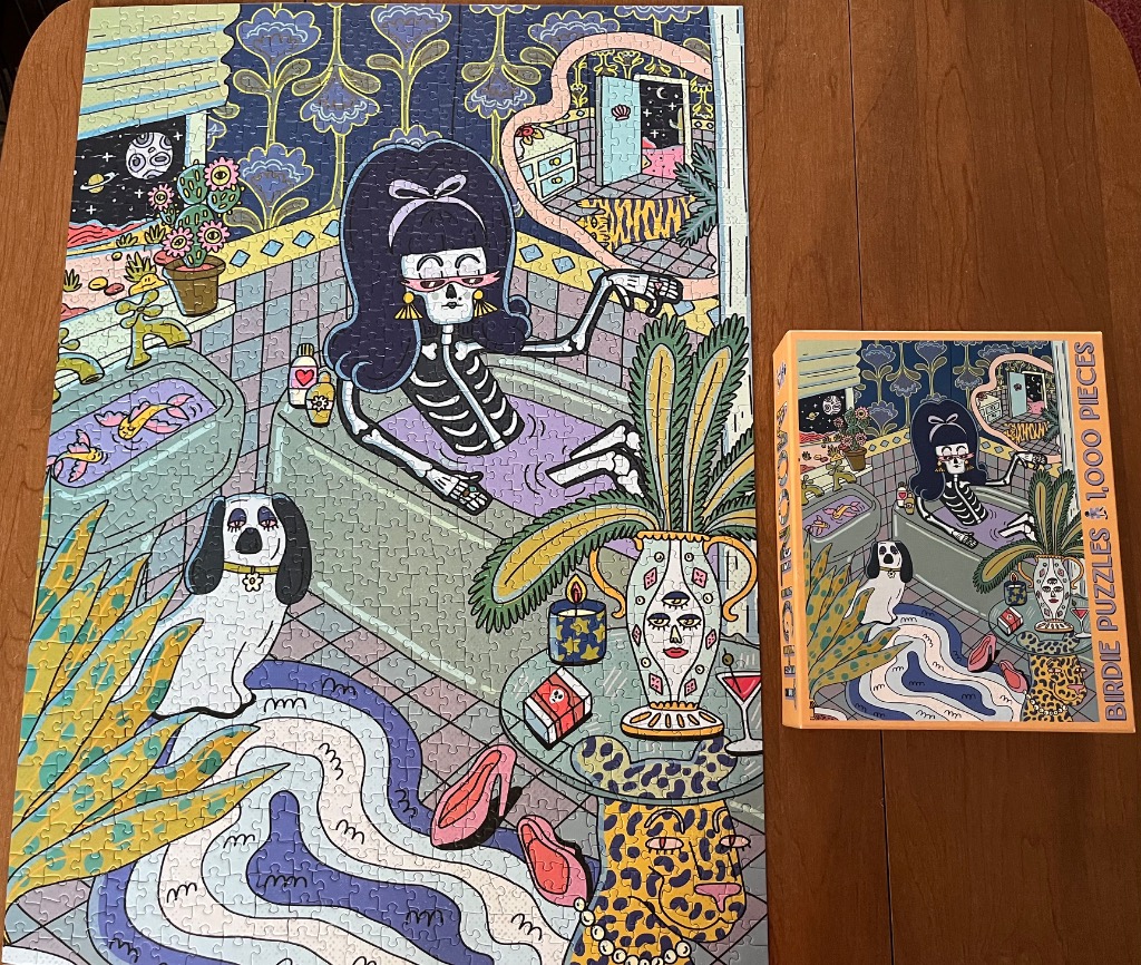 An illustration of a skeleton woman relaxing in a bathtub in a surreal bathroom with a dog and funky decor.