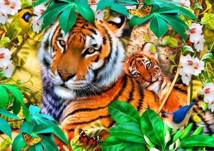 A vibrant illustration of a tiger mother and her cub surrounded by bright flowers, greenery, and birds.