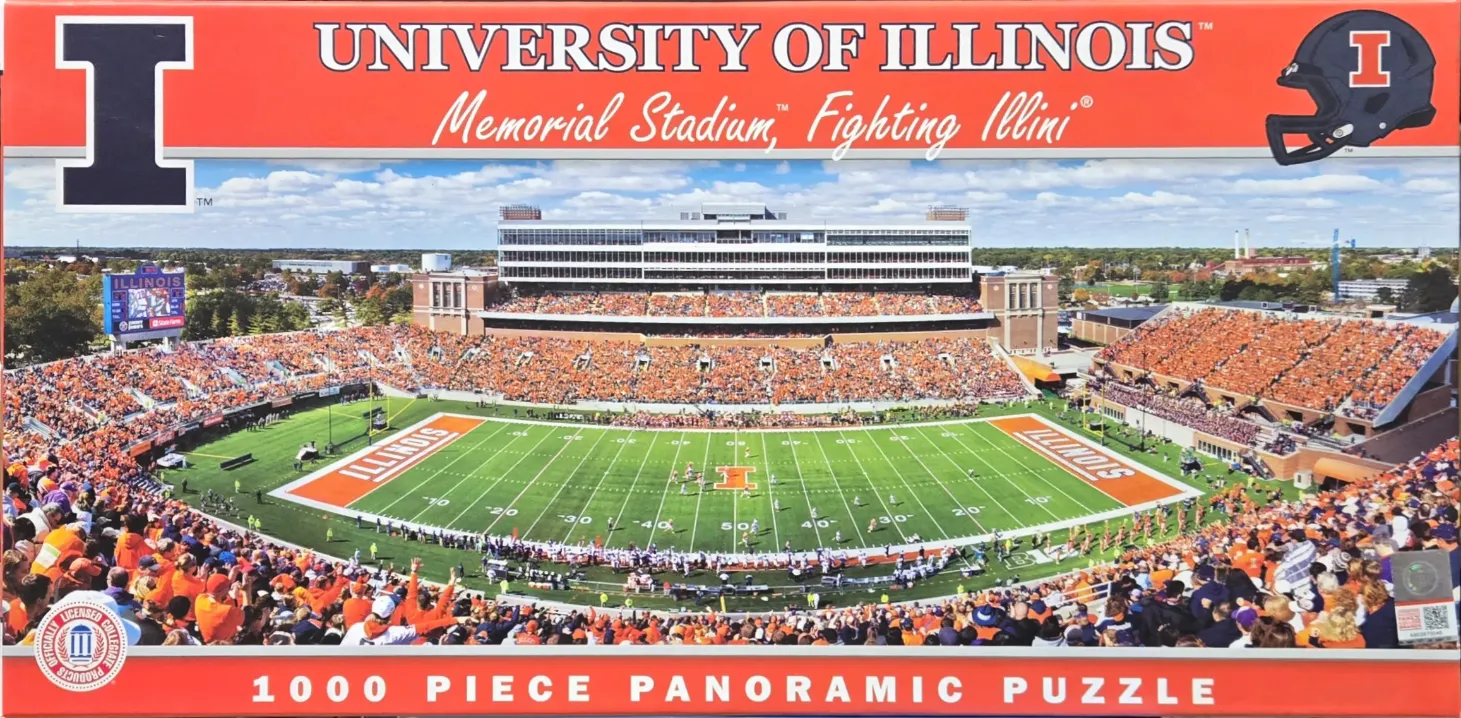 Panoramic view of Memorial Stadium, University of Illinois, with fans in orange and blue.
