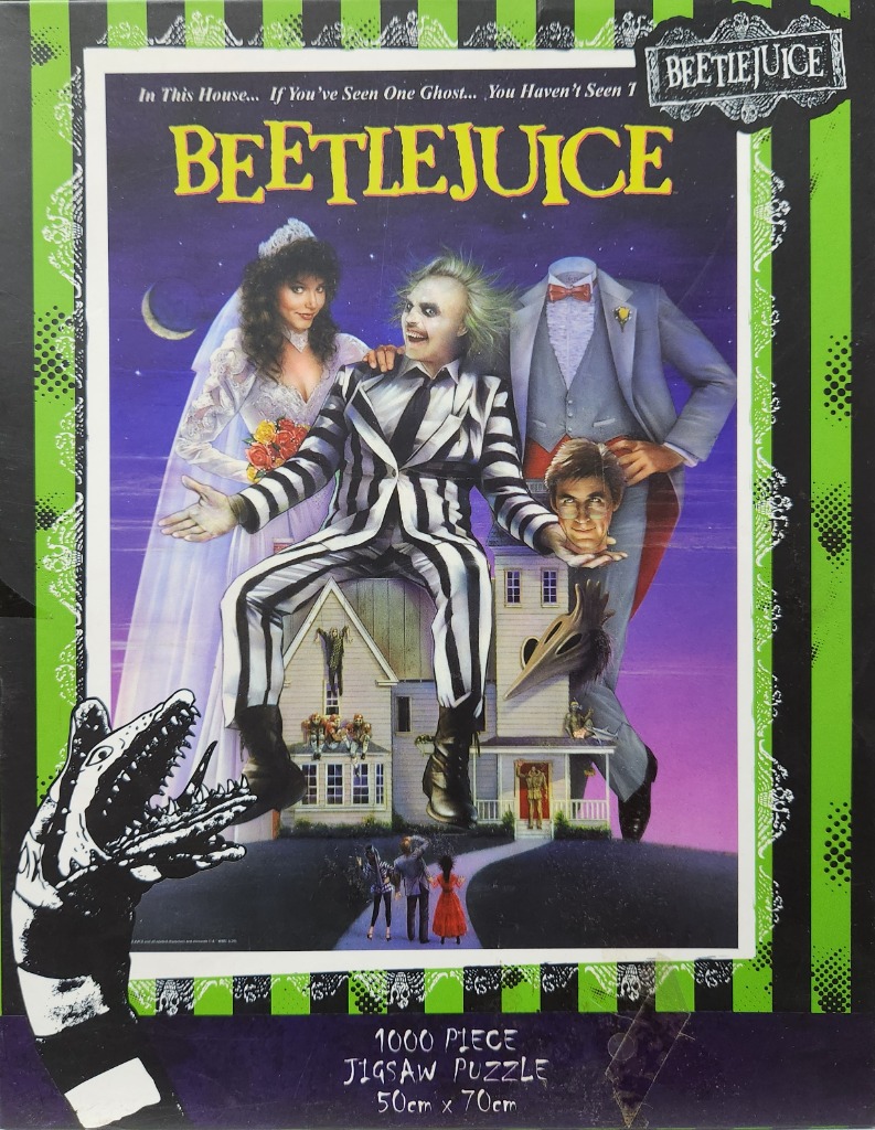 Beetlejuice movie poster illustration with central characters, a ghost bride, and a Victorian house.