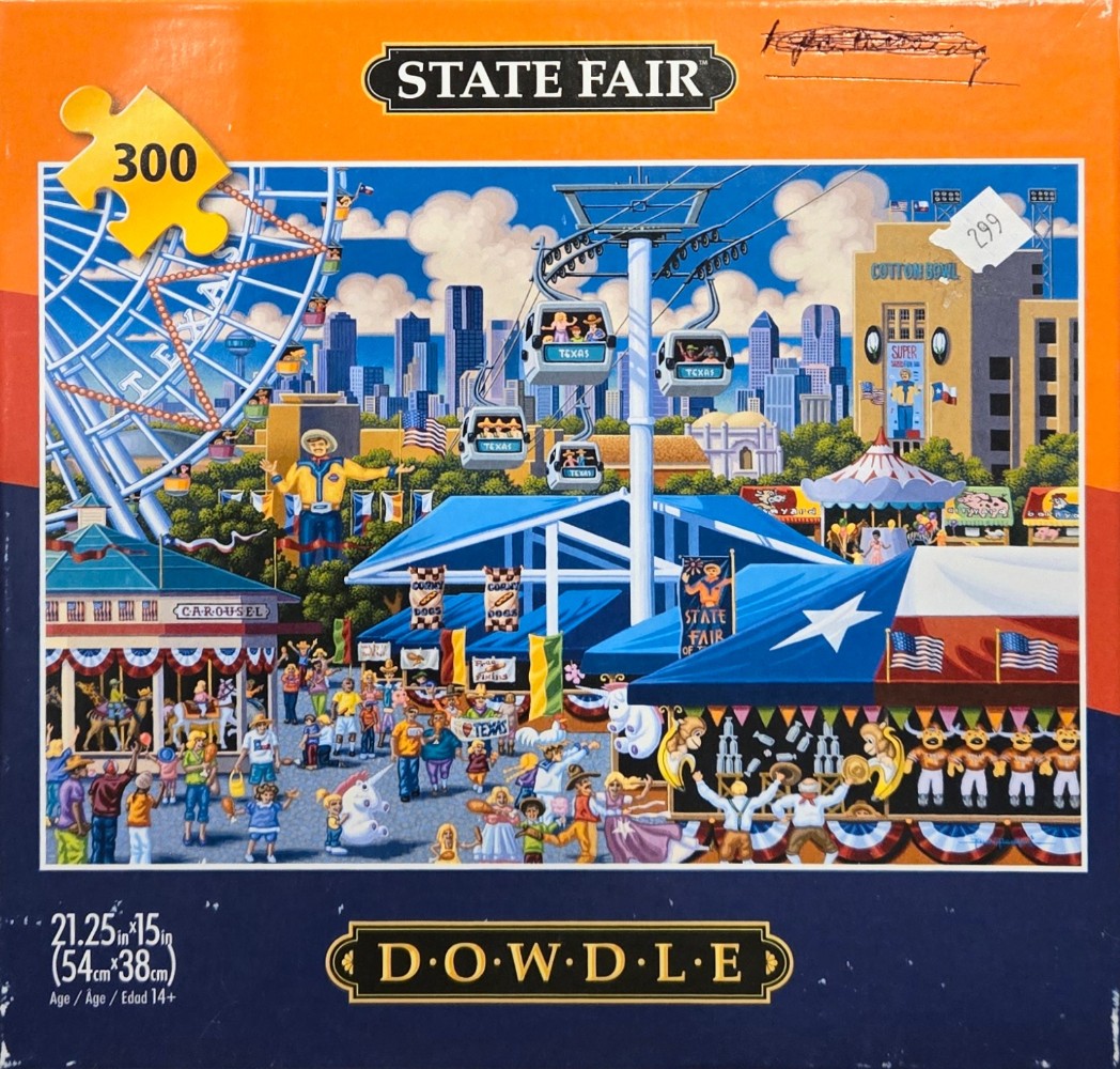 A folk-art style illustration of a busy Texas state fair with a skyline, Ferris wheel, and cable cars.