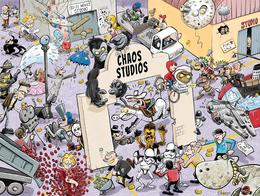 A chaotic scene depicting a movie studio lot filled with famous film characters and pop culture parodies.
