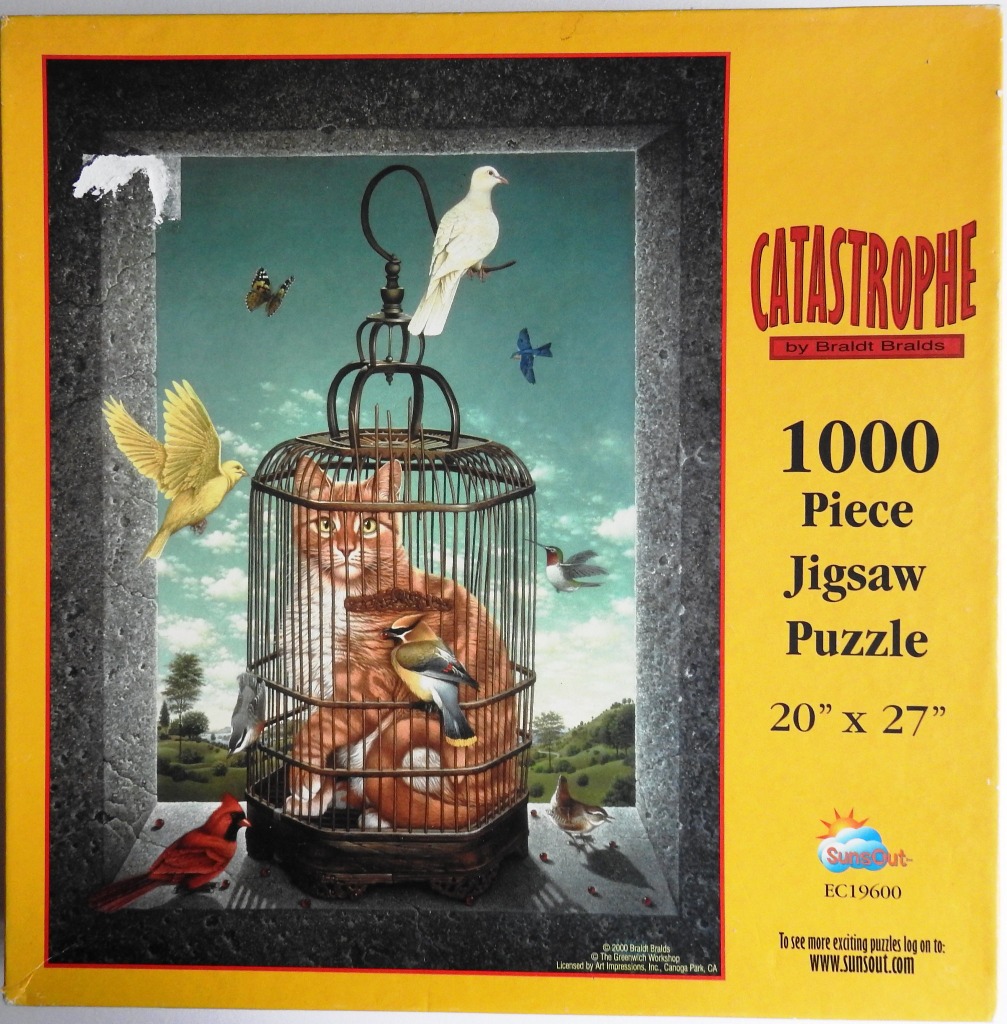 Surrealist painting of an orange tabby cat sitting inside a birdcage surrounded by various birds.