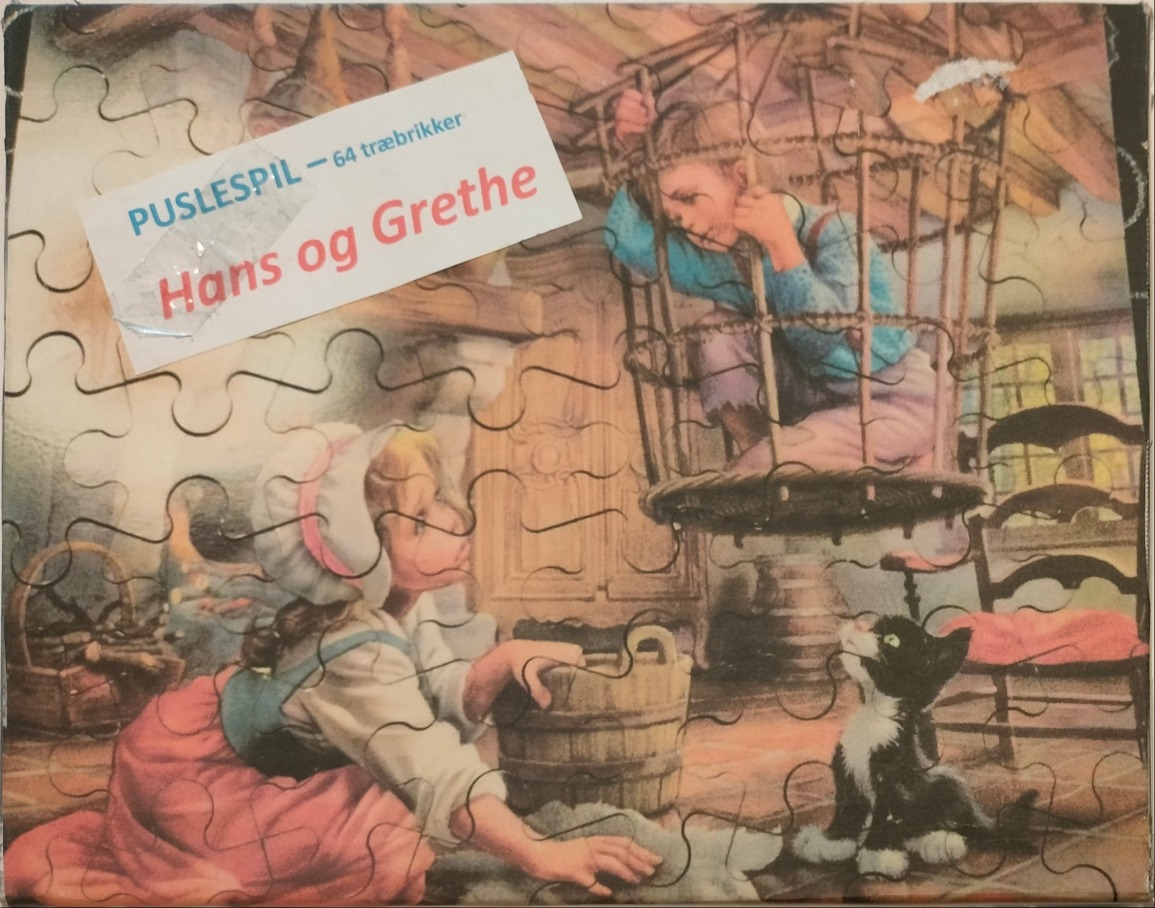 Illustration of Hansel and Gretel featuring a boy trapped in a hanging cage and a girl kneeling on the floor.