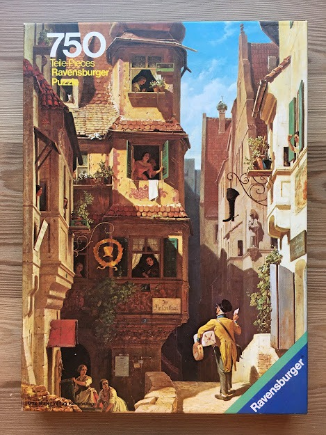 An oil painting of a busy medieval European town square with residents in historic dress looking out from windows.