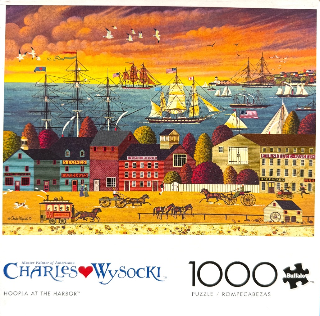 Folk art scene of a bustling harbor town with sailing ships at sunset.