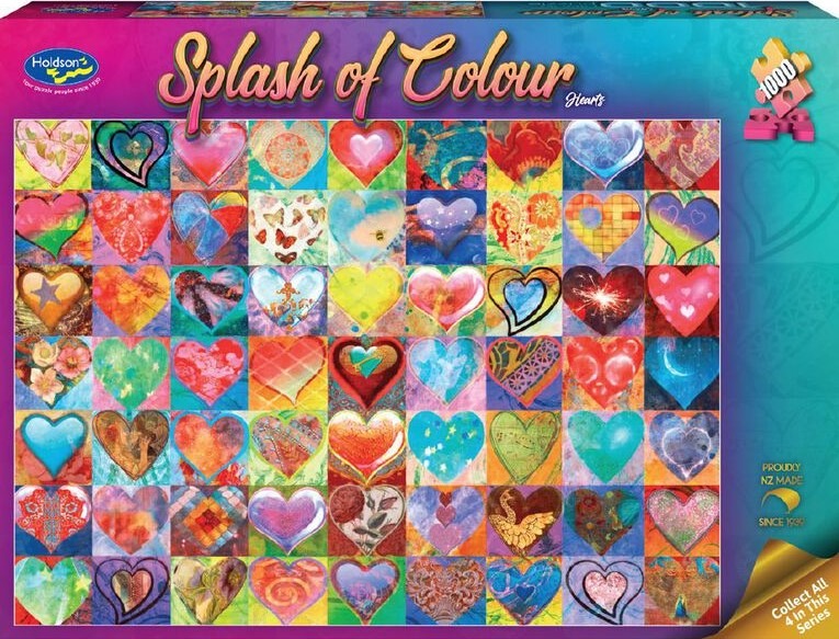 A collage of 70 colorful, artistically decorated heart shapes arranged in a grid pattern.