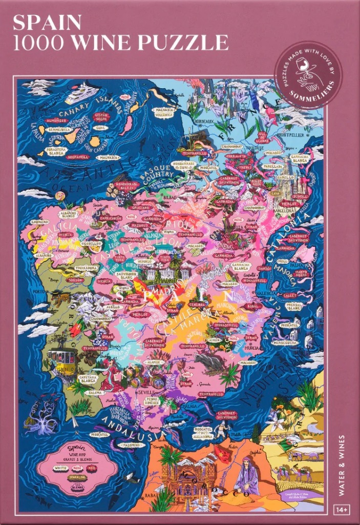 Illustrated map of Spain highlighting wine regions and grape varieties against a deep blue ocean background.