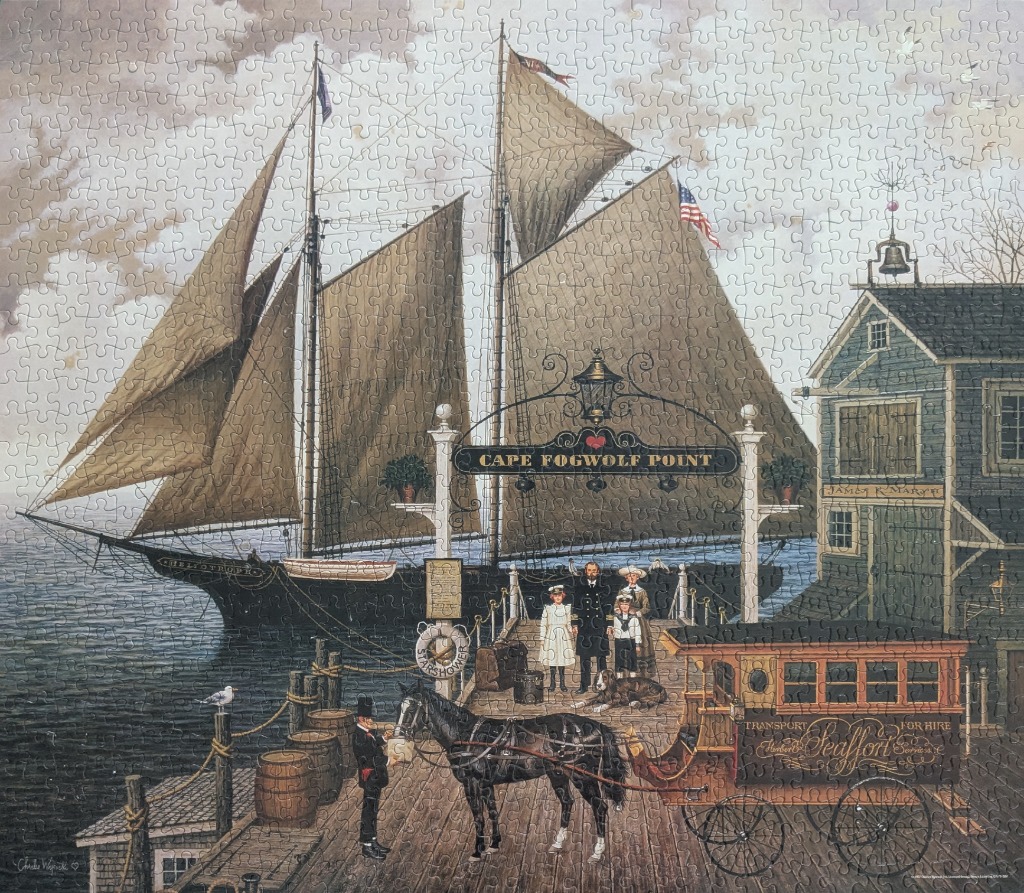 A nostalgic harbor scene with a schooner, a horse-drawn carriage, and a family gathered on a wooden pier.