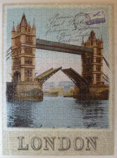 Vintage postcard style illustration of London's Tower Bridge with a raised bascule.