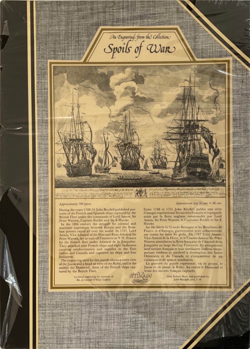 A black and white engraving of historical sailing ships titled Spoils of War.