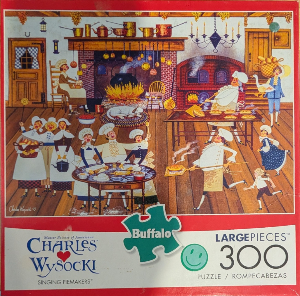 A whimsical illustration of colonial-era kitchen staff singing while baking pies in a rustic hearth room.