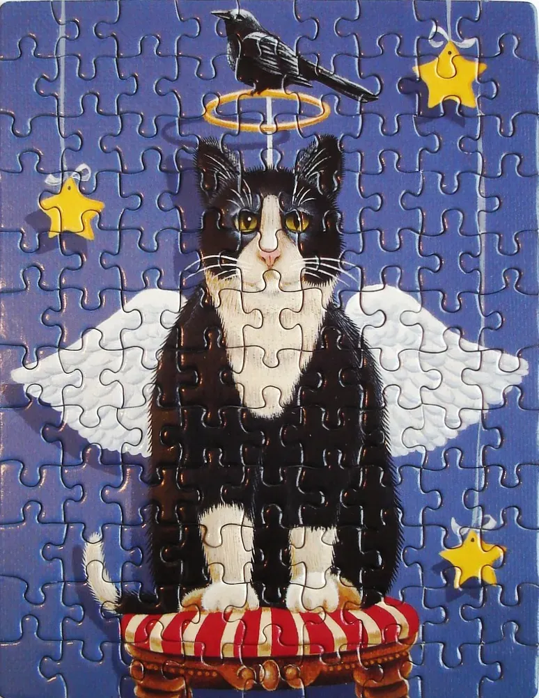 Illustration of a tuxedo cat with angel wings sitting on a striped stool against a starry purple background.