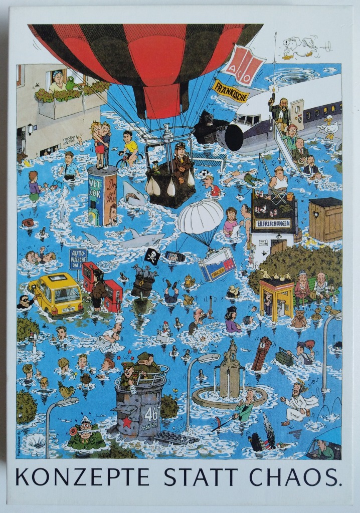 A detailed cartoon illustration of a flooded city scene filled with humorous and chaotic characters.