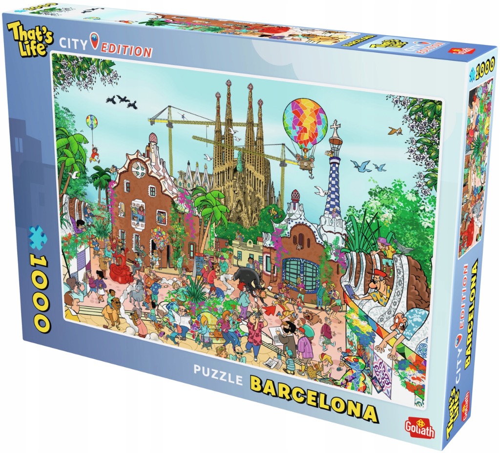 Cartoon illustration of a busy scene in Barcelona featuring the Sagrada Familia and Park Güell architecture.