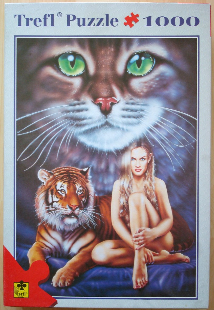 A fantasy illustration of a large cat face looming over a woman sitting next to a tiger.