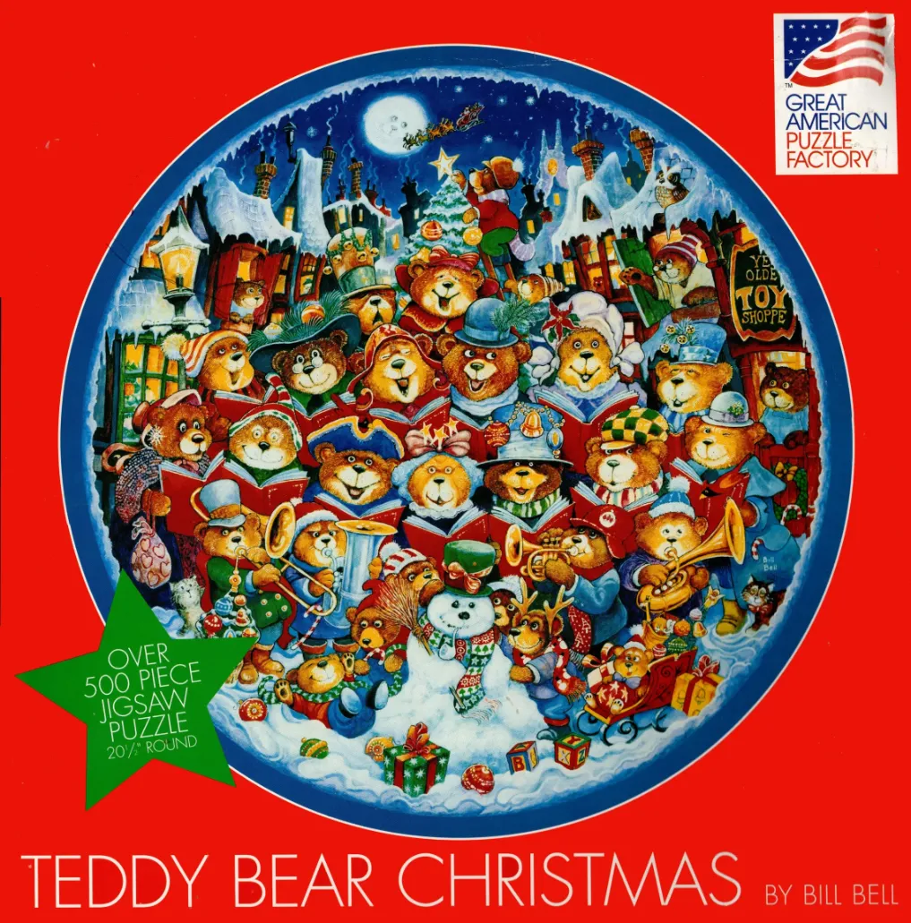 A round illustration of many teddy bears singing Christmas carols in a snowy town square at night.