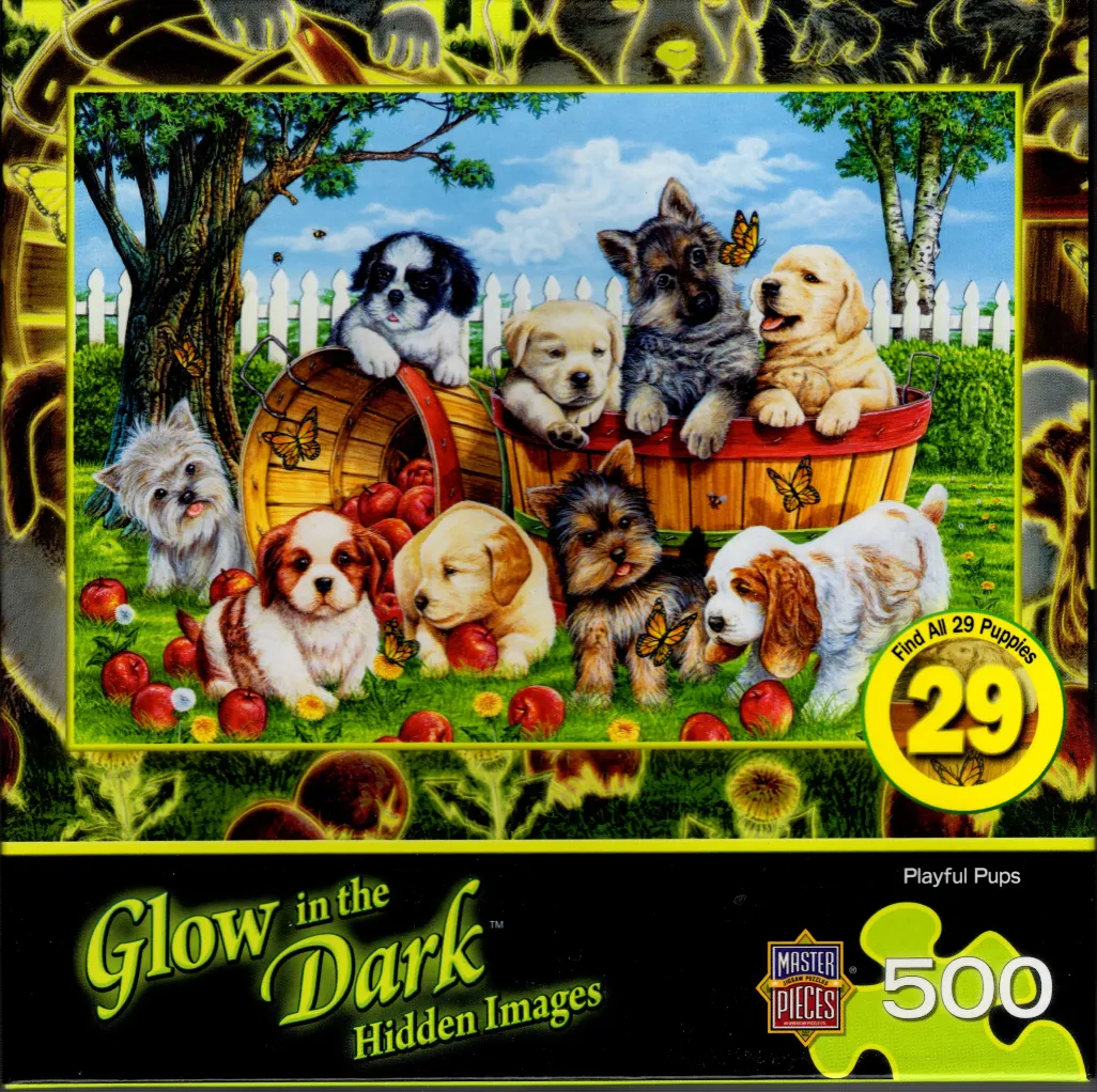 A collection of puppies in a grassy garden setting with apples, a wooden barrel, and butterflies.