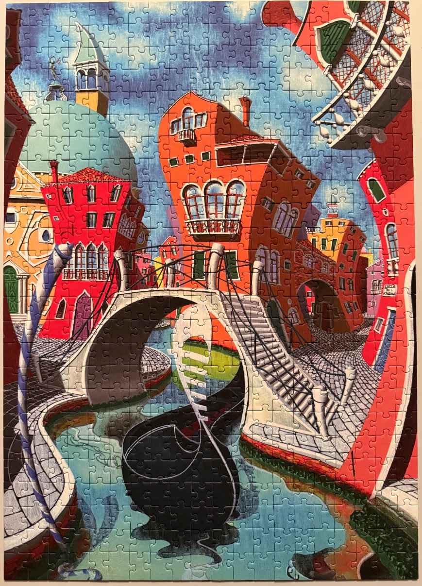 Stylized, whimsical illustration of a Venetian canal scene with warped buildings and a gondola.