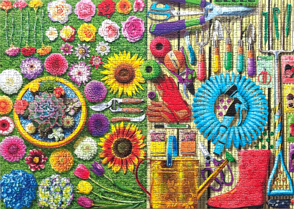 A split composition of colorful garden flowers on the left and various gardening tools and supplies on the right.