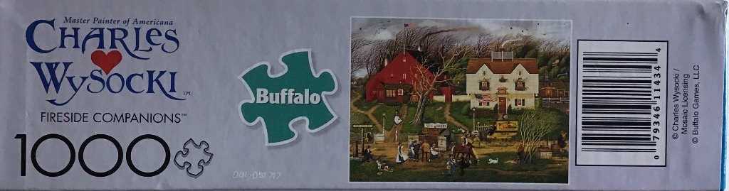 Americana scene with red barn, white house, and people.