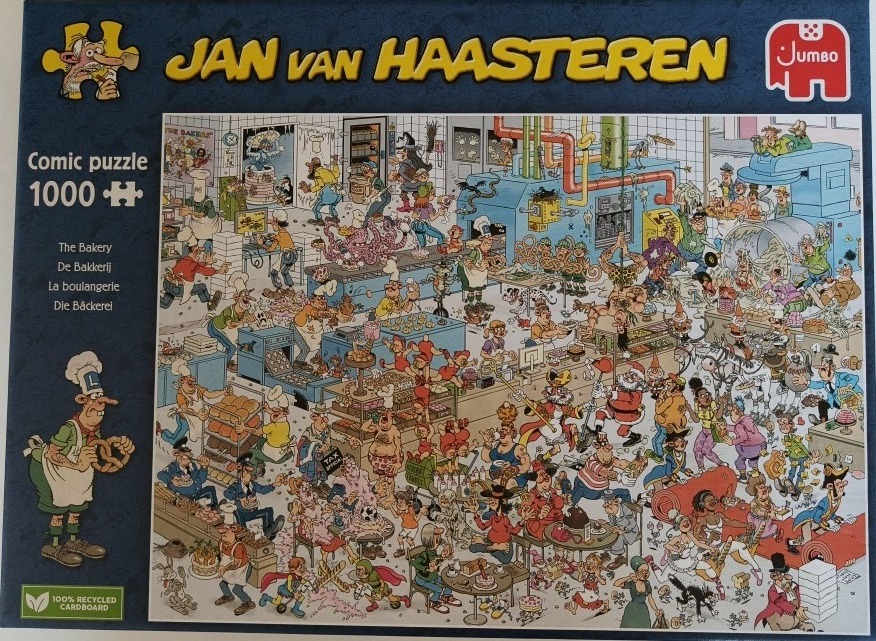 Comic illustration of a chaotic, busy bakery filled with diverse, zany characters and humorous mishaps.