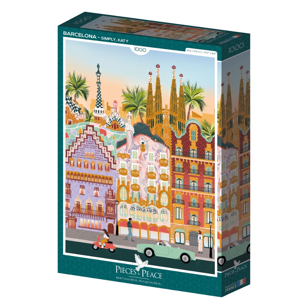 A whimsical illustration of a Barcelona street scene with the Sagrada Familia in the background.